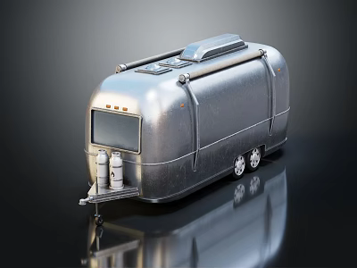 Vintage Silver Travel Trailer With Metal Exterior Window Wheels And Support Stand 3d model