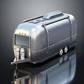 Vintage Silver Travel Trailer With Metal Exterior Window Wheels And Support Stand
