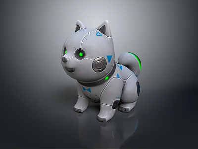 Grey Robot Dog Toy Featuring Green Eyes Blue Accents And Glowing Parts 3d model