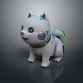 Grey Robot Dog Toy Featuring Green Eyes Blue Accents And Glowing Parts