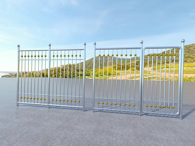 Sturdy Metal Fence With Golden Decorative Balls Against Green Hills Blue Sky And Gray Pavement 3d model