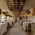 Elegant Restaurant Interior With Wooden Ceiling Neat Tables Chairs And Ambient Lighting Design