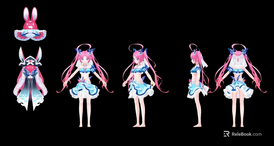 Anime Game Character With Pink Hair Blue White Outfit Multiple Poses 3d model 