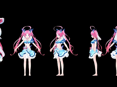 Anime Game Character With Pink Hair Blue White Outfit Multiple Poses 3d model