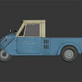 Vintage Blue Three Wheeled Truck Model With White Roof And Seats On Black Background