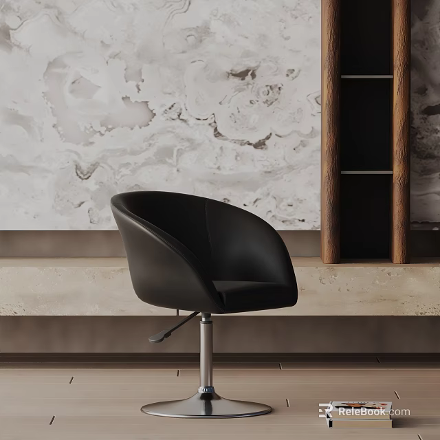 Black Leather Office Chair With Metal Base And Marble Texture Wall And Wooden Bookshelf 3d model 