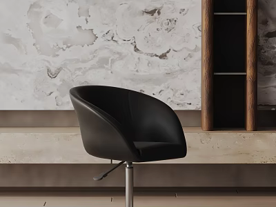 Black Leather Office Chair With Metal Base And Marble Texture Wall And Wooden Bookshelf 3d model