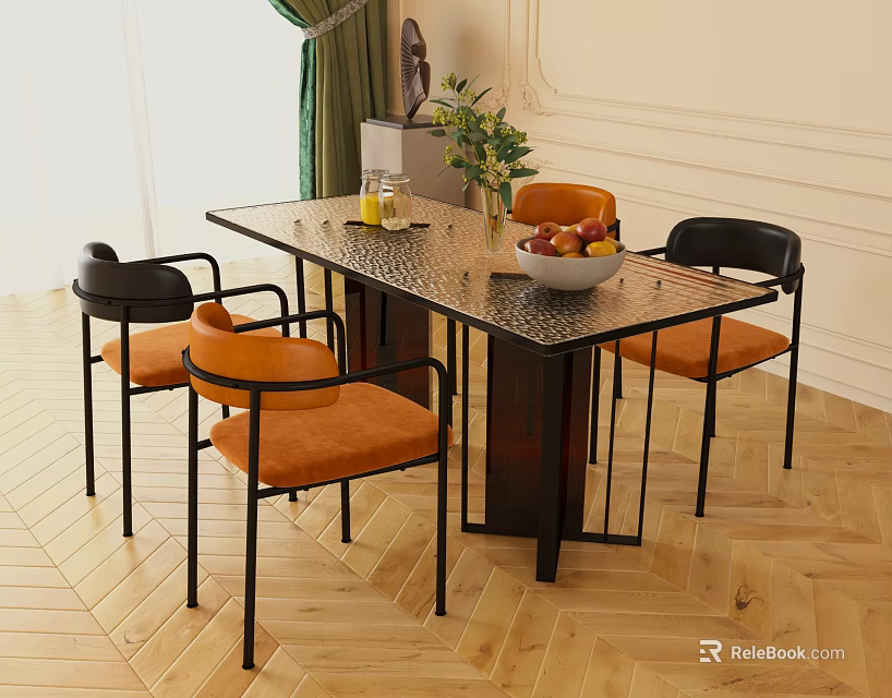 Dining Table Set With Orange Padded Seats Black Frame Chairs Textured Top And Fruit Bowl 3d model 