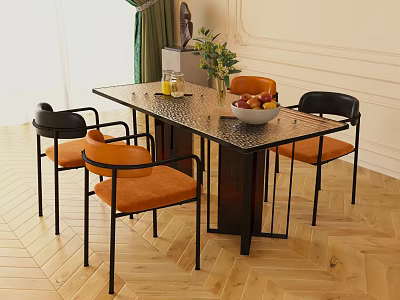 Dining Table Set With Orange Padded Seats Black Frame Chairs Textured Top And Fruit Bowl 3d model