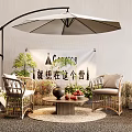 Outdoor Table With Rattan Chairs And Cantilever Umbrella And Plants In Camping Theme With Decorations