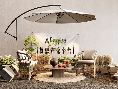 Outdoor Table With Rattan Chairs And Cantilever Umbrella And Plants In Camping Theme With Decorations 3d model