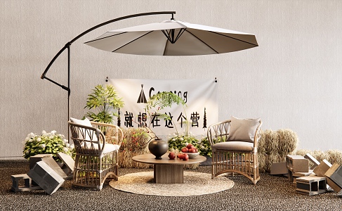 Outdoor Table and Chair Bamboo Wraft Leisure Chair Outdoor Chair Plant Pile Straw Pile Cement Brick 3d model