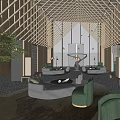 Modern Hotel Lobby With Wooden Roof Large Windows Natural Light And Green Comfortable Seating