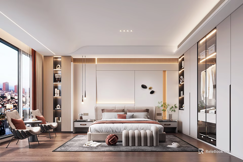 Modern Bedroom Interior With Platform Bed Wall Decor And Large Windows 3d model