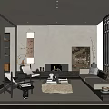Modern Chinese Living Room Interior With Fireplace Sofa Decorative Paintings And Coffee Table