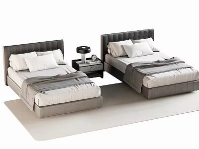 Modern Gray Headboard Single Beds With White Sheets And Nightstand Lamp Alarm Clock 3d model