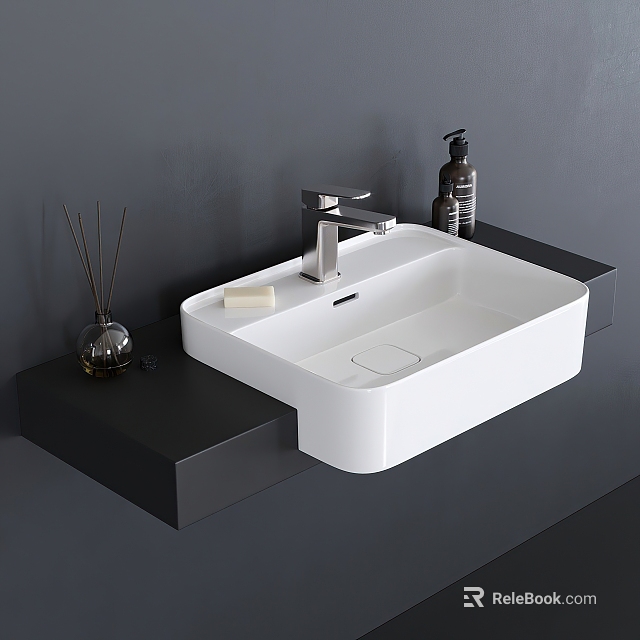Modern White Wall Mounted Washbasin With Black Countertop Silver Faucet and Bathroom Accessories 3d model 