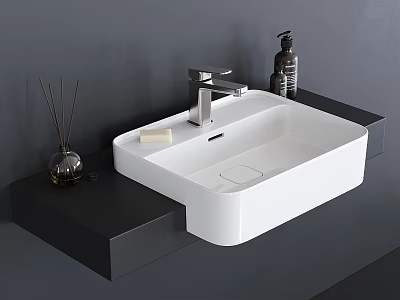 Modern White Wall Mounted Washbasin With Black Countertop Silver Faucet and Bathroom Accessories 3d model