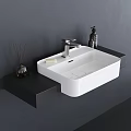 Modern White Wall Mounted Washbasin With Black Countertop Silver Faucet and Bathroom Accessories