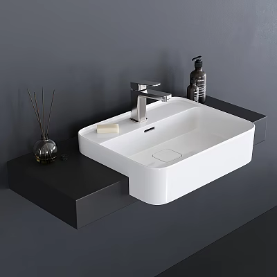 Modern White Wall Mounted Washbasin With Black Countertop Silver Faucet and Bathroom Accessories 3d model