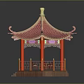 Traditional Chinese Hexagonal Pavilion With Red Roof Golden Ornament And Red Columns