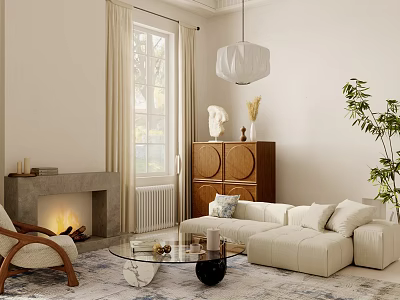 Modern Living Room Interior Design With Cozy Sofa Glass Coffee Table Fireplace And Pendant Light 3d model