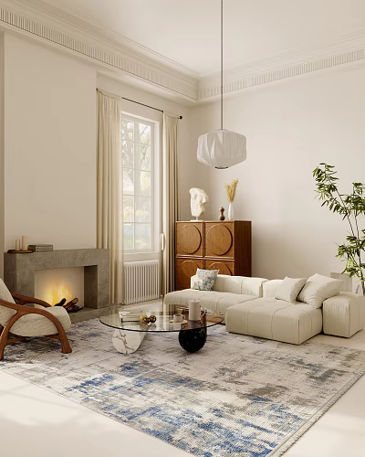 Modern Living Room Interior Design With Cozy Sofa Glass Coffee Table Fireplace And Pendant Light 3d model
