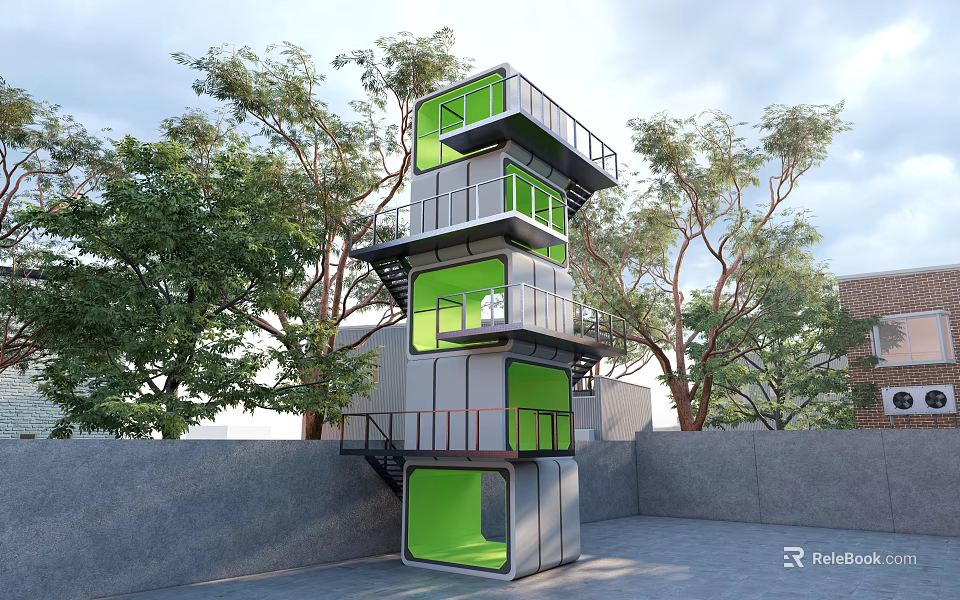 Modern Multi Level Relay Station With Green Windows And Container Style Surrounded By Trees 3d model