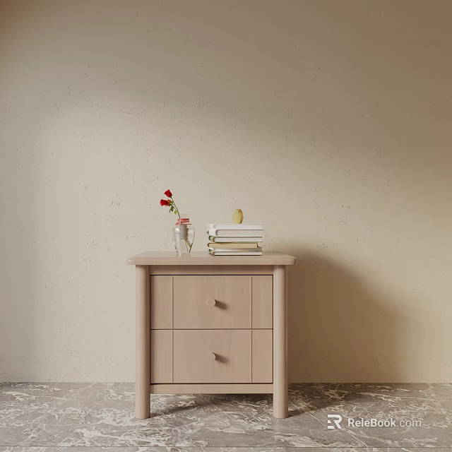 Simple Modern Light Wood Bedside Table With Red Flower Vase Books And Small Decor 3d model 