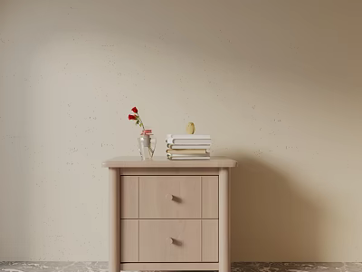 Simple Modern Light Wood Bedside Table With Red Flower Vase Books And Small Decor 3d model