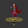 Wizard Character In Blue Outfit With Red Cape Standing On Circular Platform With Yellow Patterns