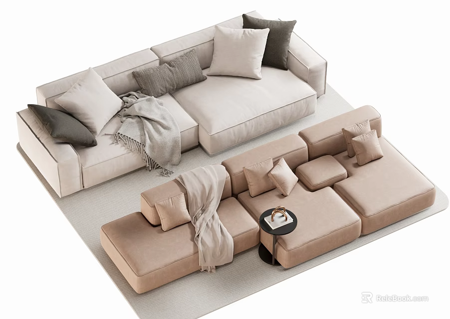 Modern Double Sofa With Light Taupe Fabric Upholstery Pillows Throw Blanket And Modular Sectional Design 3d model 
