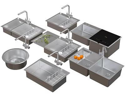 Stainless Steel Kitchen Sinks Single and Double Bowl with Drainer Racks Faucets and Vegetables 3d model
