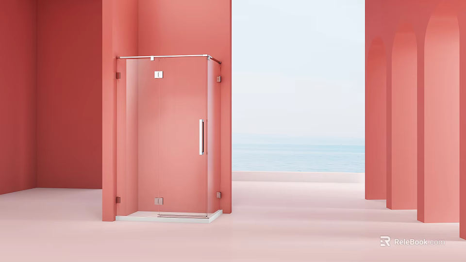 Modern Glass Shower Enclosure With Coral Walls And Ocean View Design 3d model 