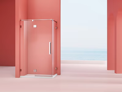 Modern Glass Shower Enclosure With Coral Walls And Ocean View Design 3d model