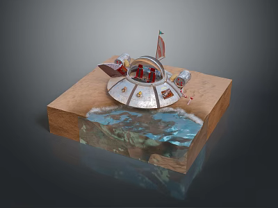 Decorative Model With Wooden Base Water Scene Flag Red Details And Metal Structure 3d model