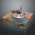 Decorative Model With Wooden Base Water Scene Flag Red Details And Metal Structure