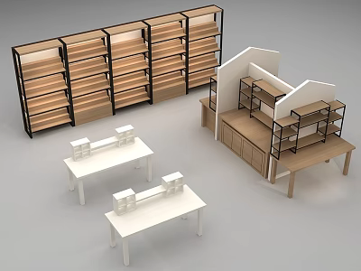 Different Design Retail Display Shelves With Multi Tier Wooden Layers And Metal Frames Including Counter Tables 3d model