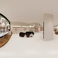 Modern Minimalist Clothing Store Interior With Beige Tones Sofa Stools Display Shelves And Wooden Accents