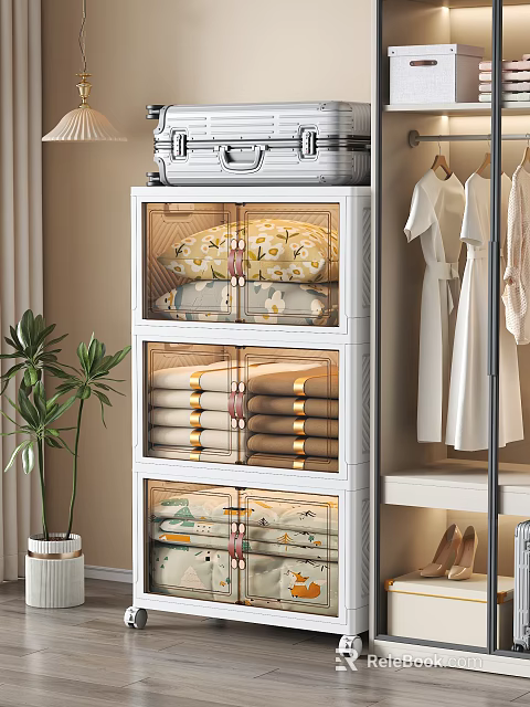 Multi layer Transparent Drawer Storage Cabinet for Clothes Bedding Organization in Closet with Hanging Clothes and Potted Plant 3d model 
