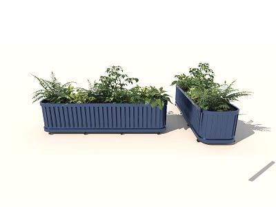 Blue Rectangular Garden Planters With Vertical Stripe Design And Various Plants 3d model