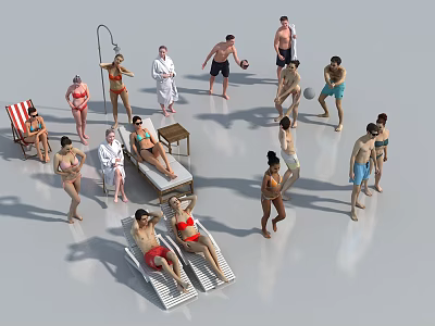 Group of People in Swimwear Relaxing Sunbathing by Pool with Lounge Chairs 3d model