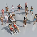 Group of People in Swimwear Relaxing Sunbathing by Pool with Lounge Chairs 3d model
