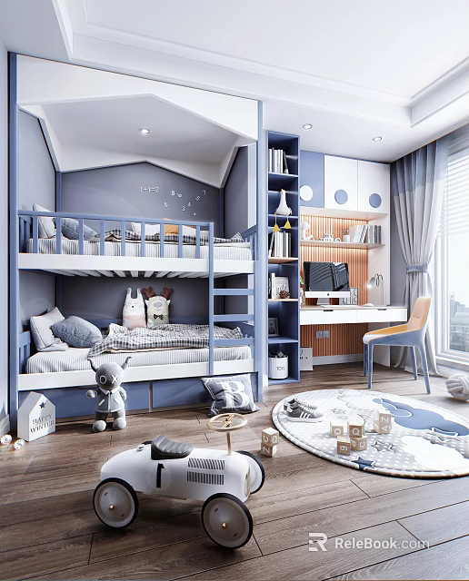 Kids Room Interior Design With Blue Bunk Bed Bookshelf Desk Chair And Toys 3d model 