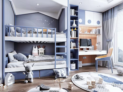 Kids Room Interior Design With Blue Bunk Bed Bookshelf Desk Chair And Toys 3d model