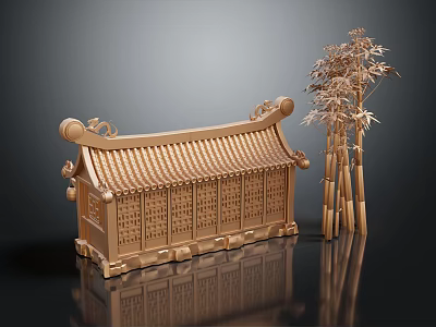 Cartoon Traditional Chinese Building with Tiled Roof Carved Windows Decorative Eaves Bamboo and Reflection 3d model