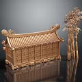 Cartoon Traditional Chinese Building with Tiled Roof Carved Windows Decorative Eaves Bamboo and Reflection