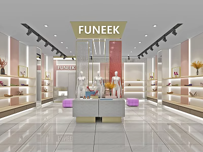 FUNEEK Brand Store Interior With Mannequins Shelves Decorative Flowers And Lighting 3d model