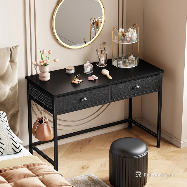 Black Makeup Desk With Cosmetics Vase Round Mirror Three Tier Shelf And Stool 3d model 