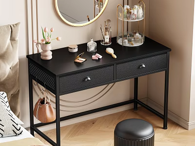 Black Makeup Desk With Cosmetics Vase Round Mirror Three Tier Shelf And Stool 3d model